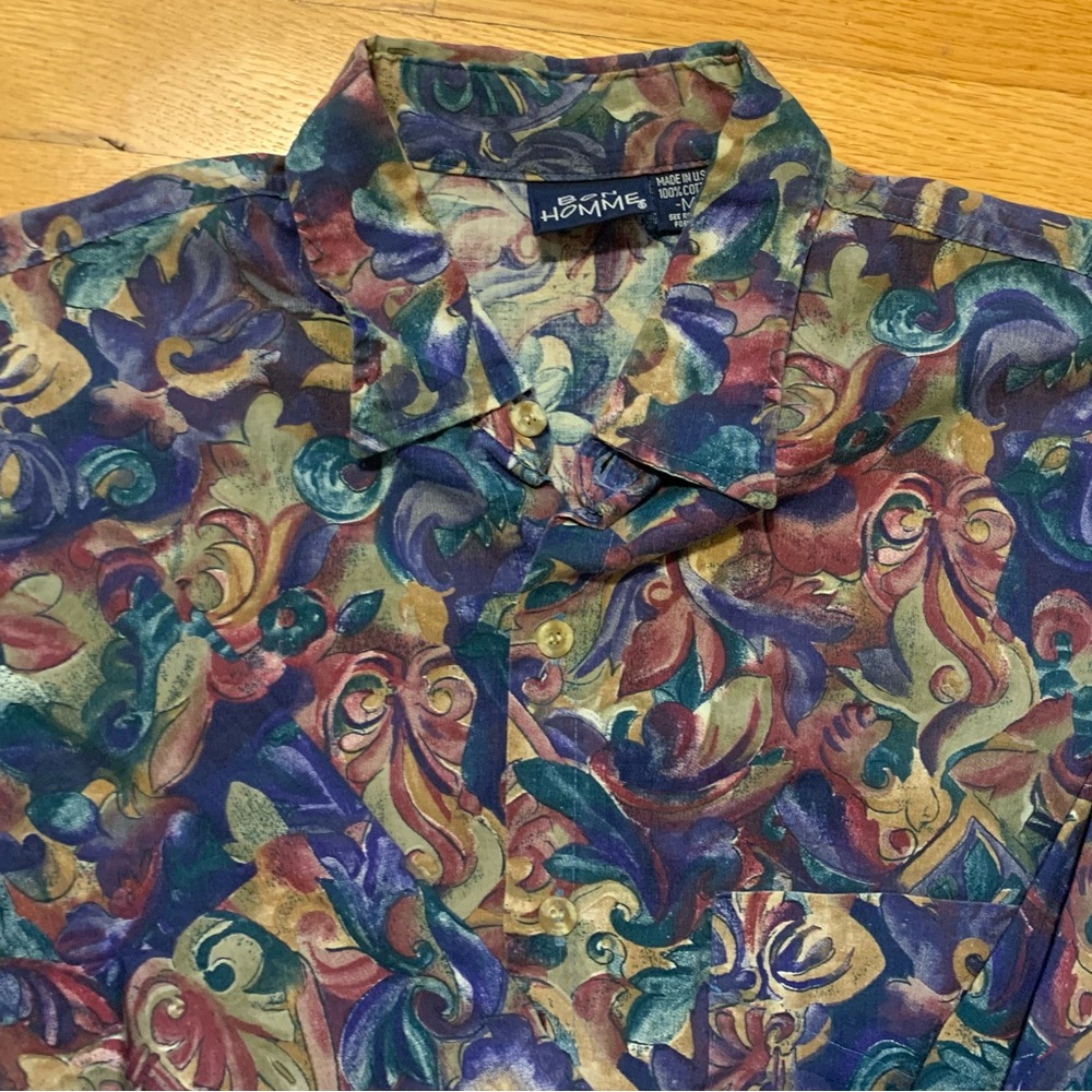 📣📣 Vintage Bon Homme Mens M Cotton Paisley Long Sleeve Button Up Shirt-1980s 📣📣